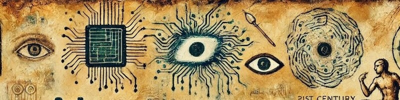 Banner in the style of an old parchment drawing: eyes, a microchip and circuits as symbols of logic