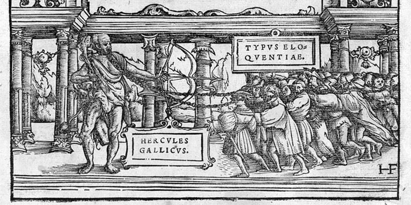 Gravure sur bois : Hercule gaulois entraîne une foule par des chaînes qui vont de sa langue à leurs oreilles